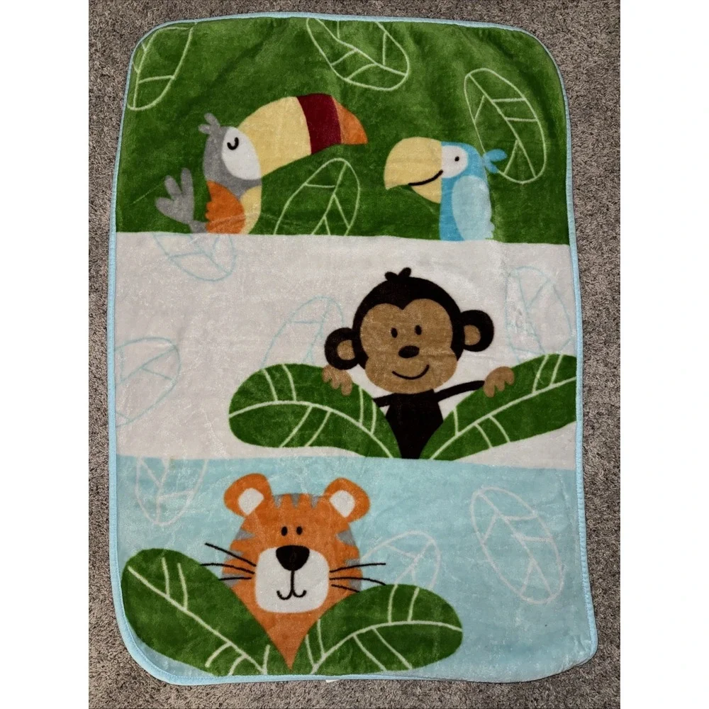 Garanimals Toucan Tiger Monkey Baby Blanket Blue Green Jungle Safari Throw 30x45